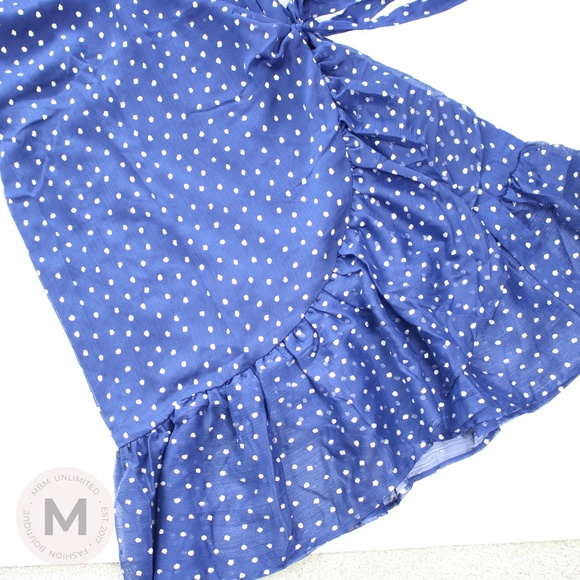 Navy Blue Dotted Ruffle Hem Wrap Dress - Picture 8 of 8